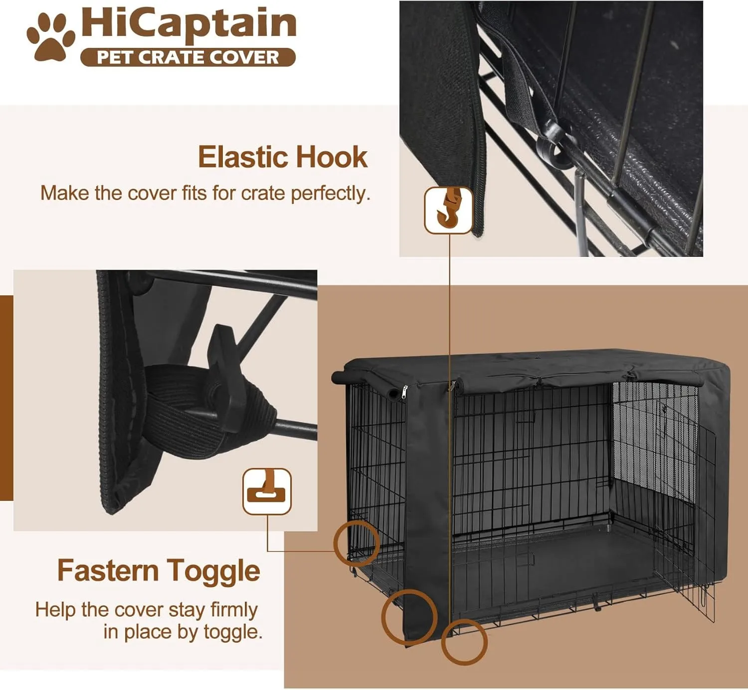 HiCaptain Dog Crate Cover for 42 Inches Wire Crates, Heavy-Duty Polyester Indoor Dog Kennel Cover Universal Fit for 1 2 Doors Standard Metal Cage (Black)