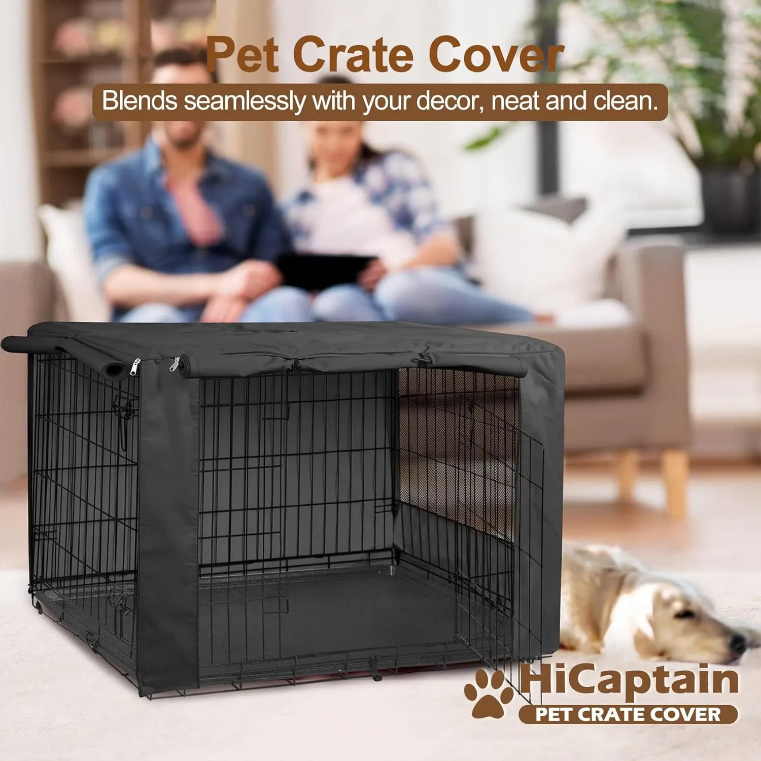 HiCaptain Dog Crate Cover for 42 Inches Wire Crates, Heavy-Duty Polyester Indoor Dog Kennel Cover Universal Fit for 1 2 Doors Standard Metal Cage (Black)