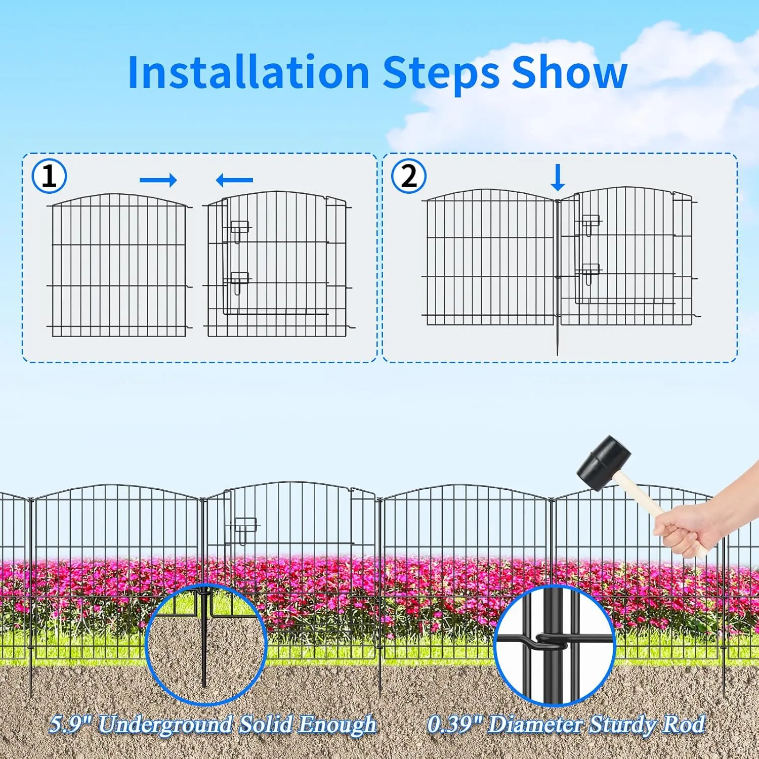 INJOPEXI Decorative Garden Fence 6 Panels 11.8ft (L)24in (H) with 5 Panels 1 Gate Rustproof Wire No Dig Animal Barrier Fencing for Outdoor Backyard Black