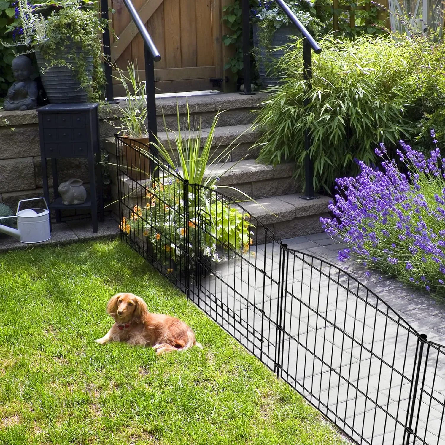 INJOPEXI Decorative Garden Fence 6 Panels 11.8ft (L)24in (H) with 5 Panels 1 Gate Rustproof Wire No Dig Animal Barrier Fencing for Outdoor Backyard Black
