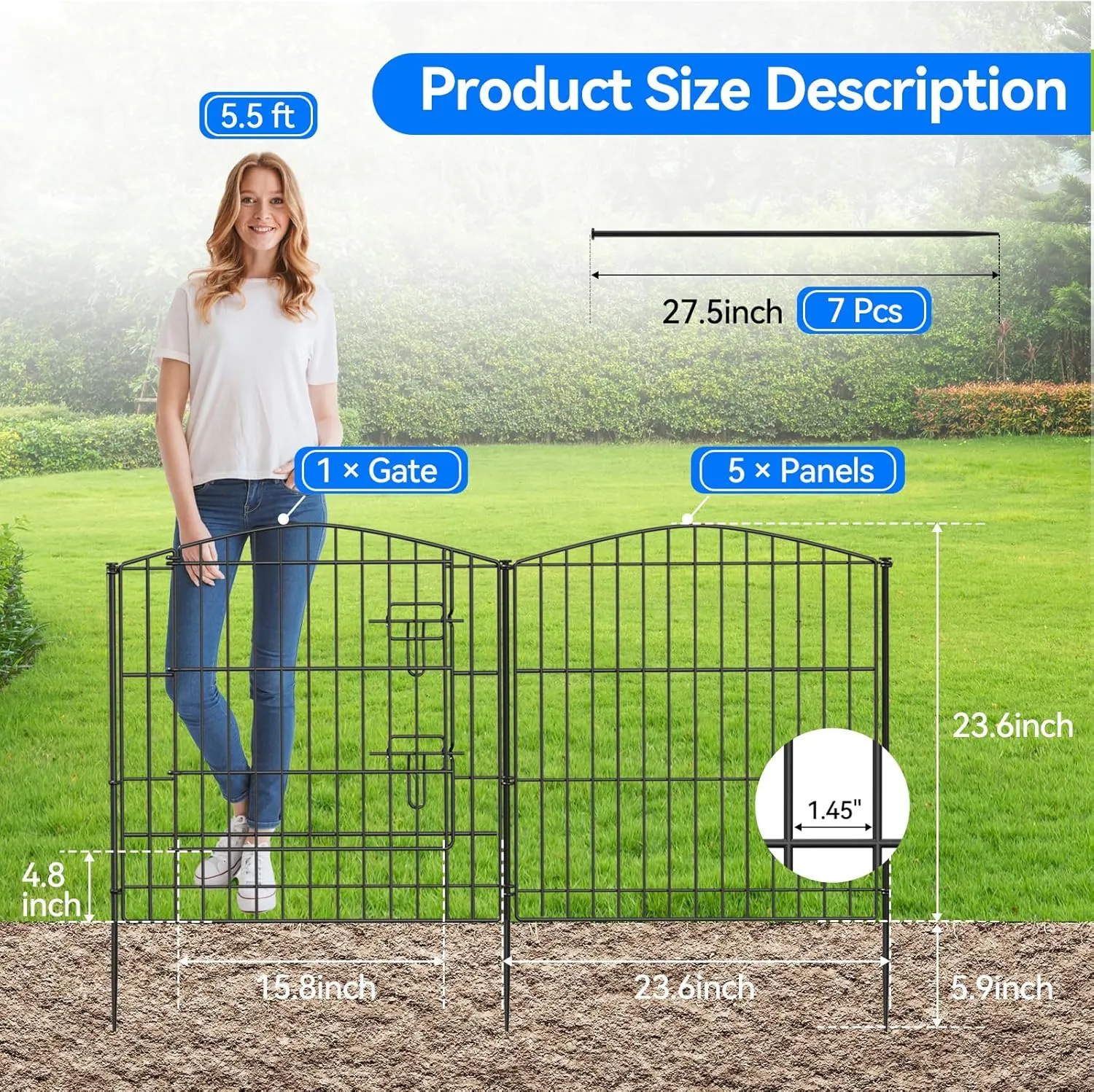 INJOPEXI Decorative Garden Fence 6 Panels 11.8ft (L)24in (H) with 5 Panels 1 Gate Rustproof Wire No Dig Animal Barrier Fencing for Outdoor Backyard Black