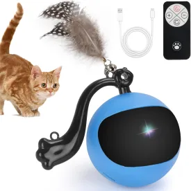 Interactive Cat Toy Ball with Remote Control, Automatic Rolling Chase Toys with Feather, Indoor Cat Ball Toy with Chirping & Motion Activate and Obstacle Avoidance