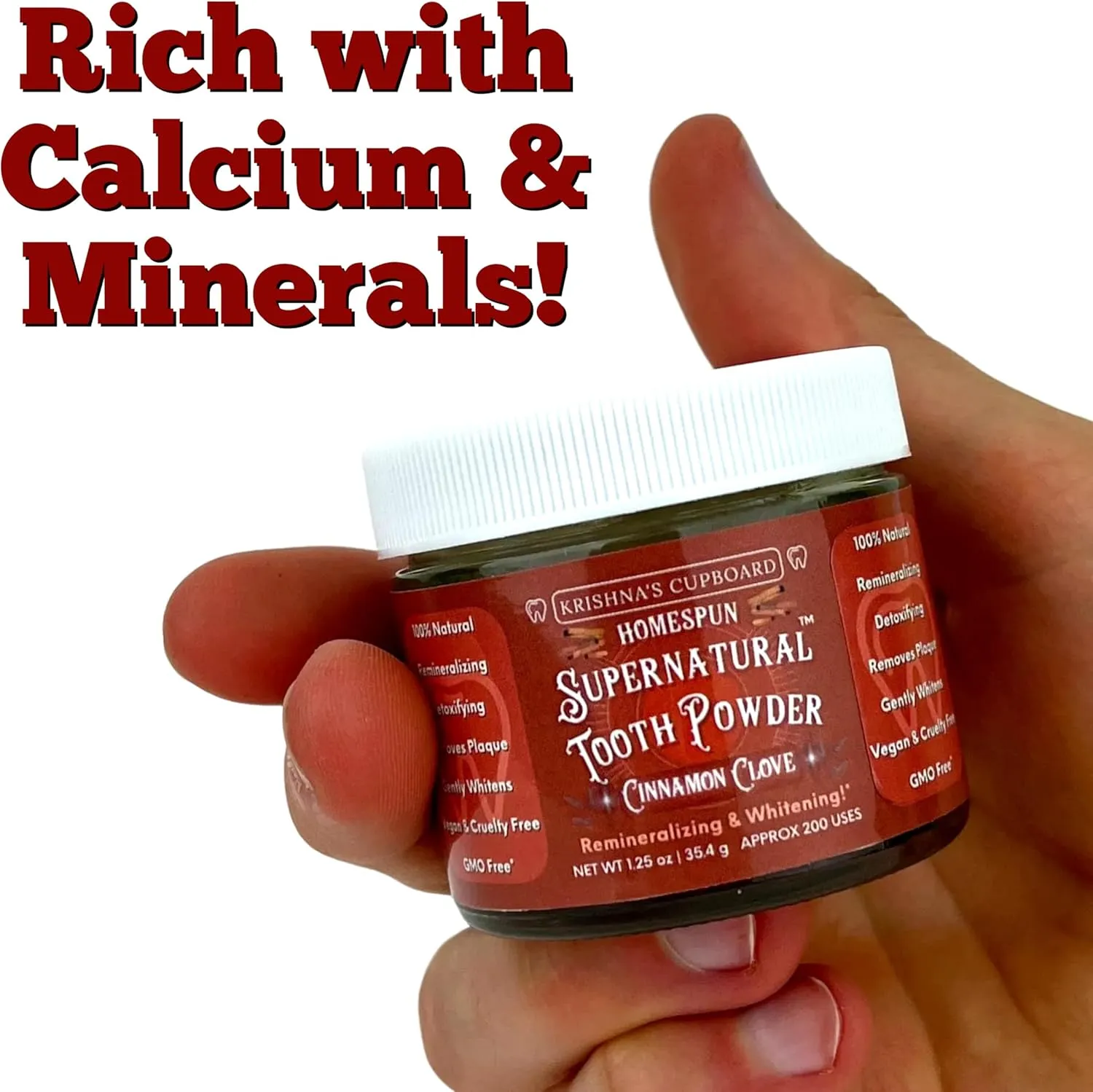 Krishna's Cupboard Supernatural Organic Tooth Cleaning Powder, All Natural, Stain Remover, Remineralizing & Teeth Whitening, Fluoride Free Vegan Sensitive Teeth Powdered Toothpaste, Cinn/Clove 1.25 oz