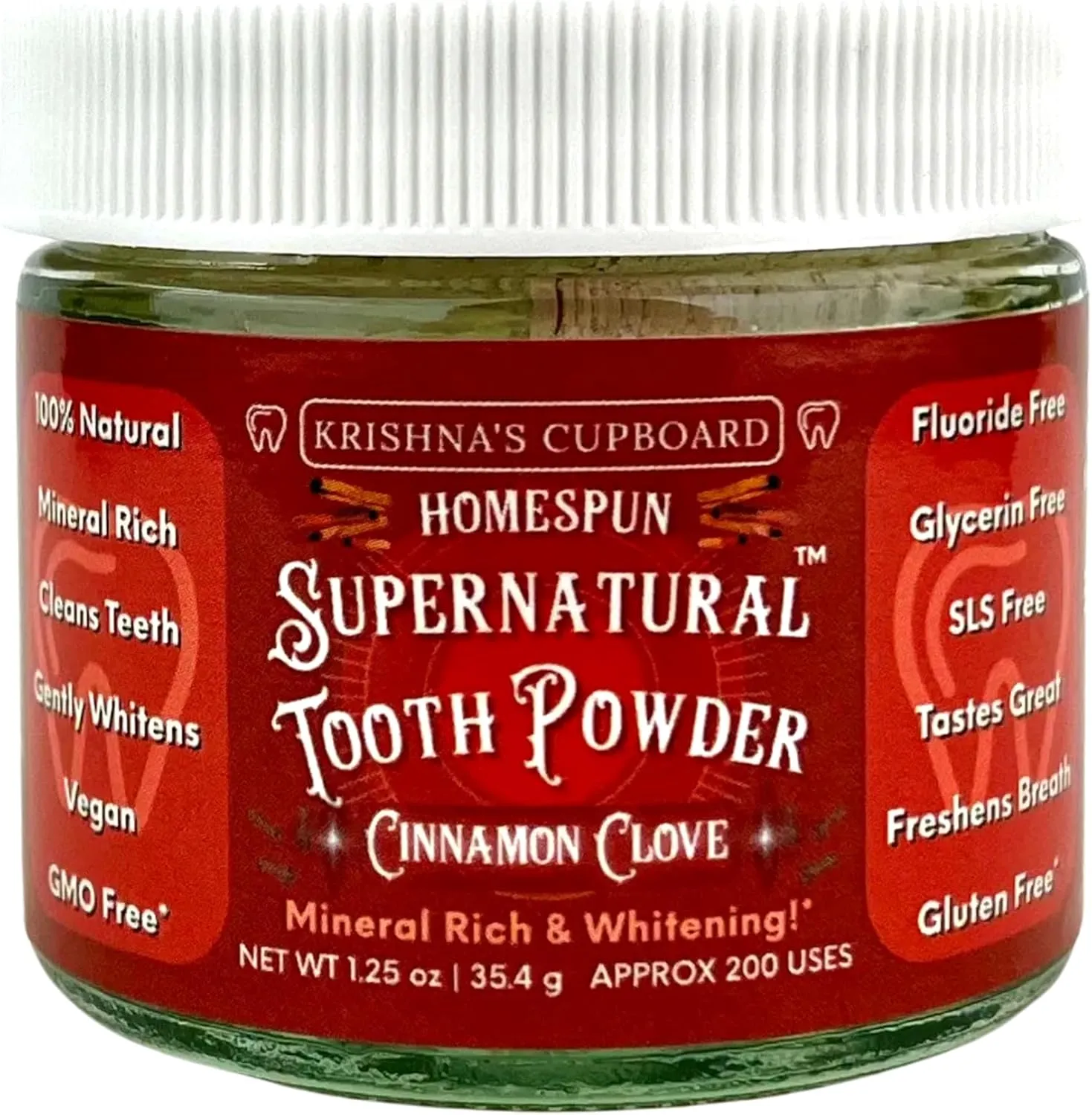 Krishna's Cupboard Supernatural Organic Tooth Cleaning Powder, All Natural, Stain Remover, Remineralizing & Teeth Whitening, Fluoride Free Vegan Sensitive Teeth Powdered Toothpaste, Cinn/Clove 1.25 oz