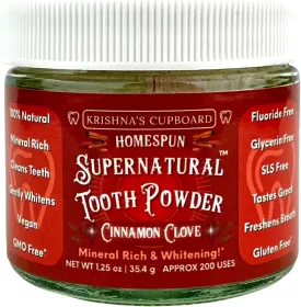 Krishna's Cupboard Supernatural Organic Tooth Cleaning Powder, All Natural, Stain Remover, Remineralizing & Teeth Whitening, Fluoride Free Vegan Sensitive Teeth Powdered Toothpaste, Cinn/Clove 1.25 oz