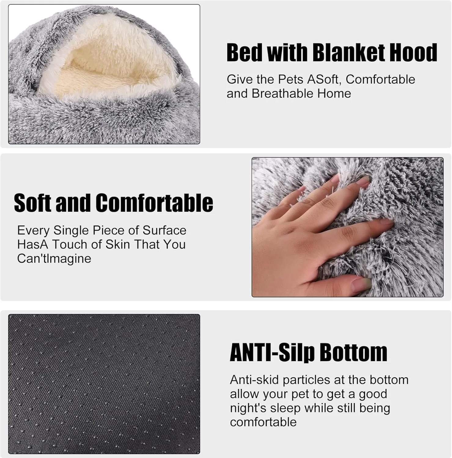 Lapcatz Nest Bed, Round Plush Hooded Cat Cave, Anti-Slip & Washable Fluffy Pet Bed for Small Medium Pets (Grey, Small)