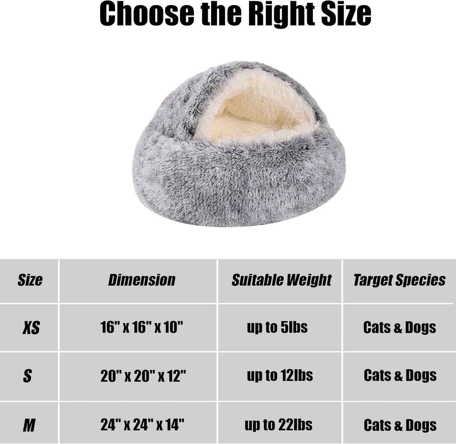 Lapcatz Nest Bed, Round Plush Hooded Cat Cave, Anti-Slip & Washable Fluffy Pet Bed for Small Medium Pets (Grey, Small)