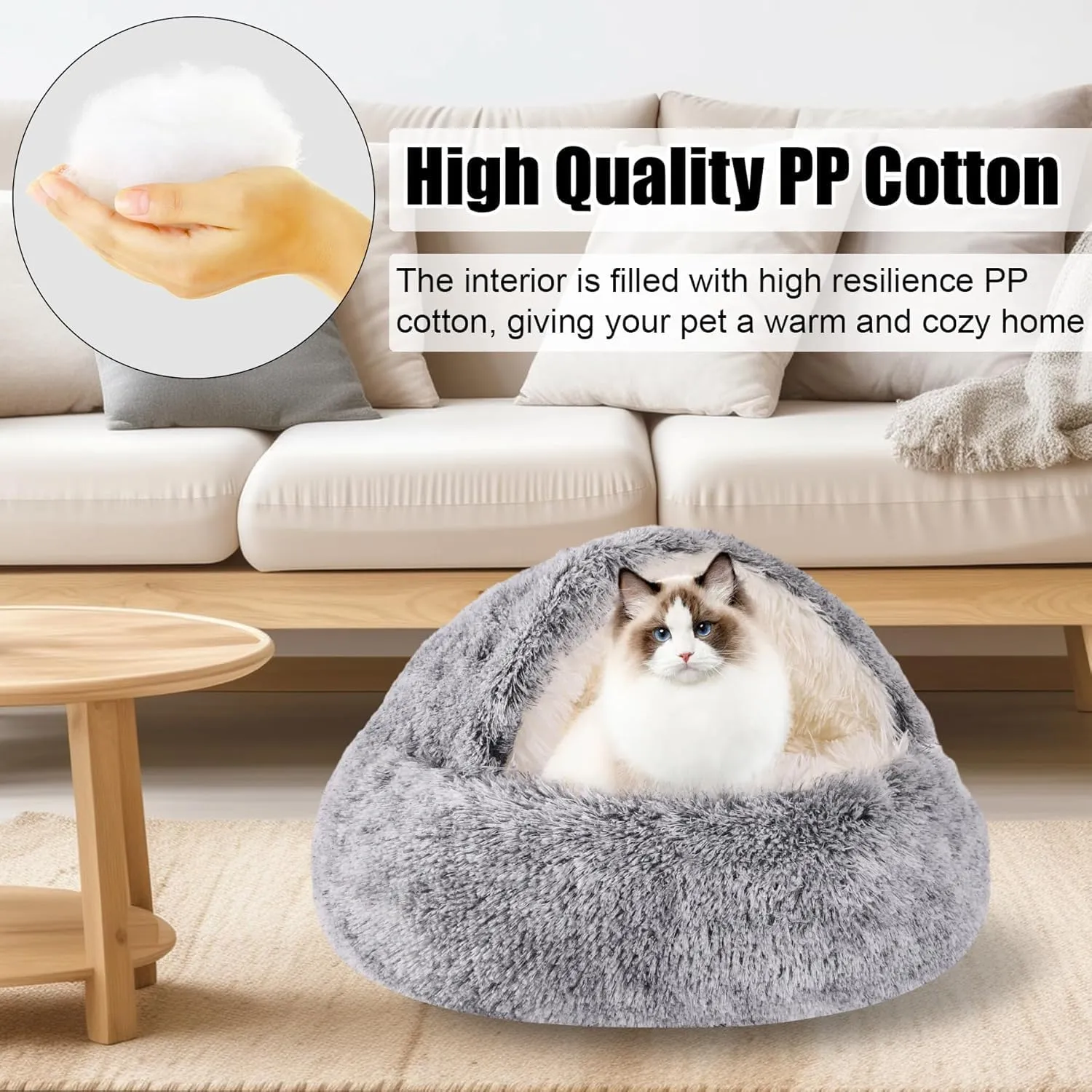 Lapcatz Nest Bed, Round Plush Hooded Cat Cave, Anti-Slip & Washable Fluffy Pet Bed for Small Medium Pets (Grey, Small)