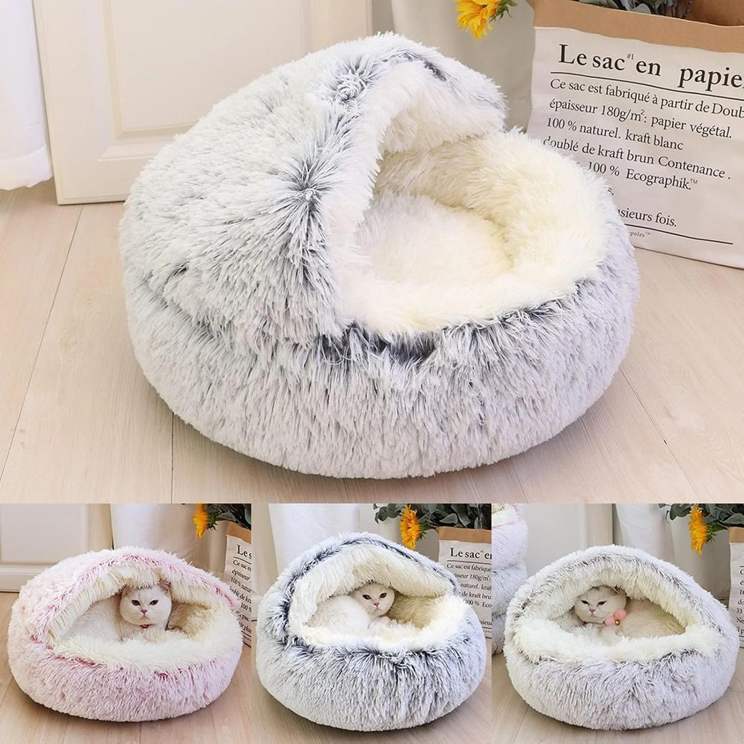 Lapcatz Nest Bed, Round Plush Hooded Cat Cave, Anti-Slip & Washable Fluffy Pet Bed for Small Medium Pets (Grey, Small)