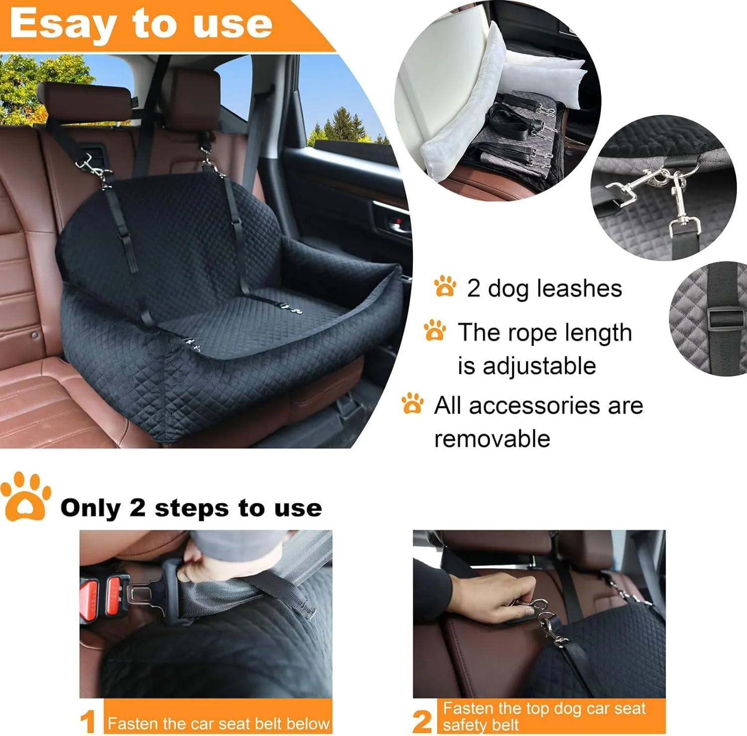 Large Dog Car Seat,Dog Car Bed for Large & Medium & 2 Small Dogs,Pet Booster Seats for Travel SafetySoft Fabric and Non-Slip Base,Can Be Disassembled and Easy to Clean(Black)