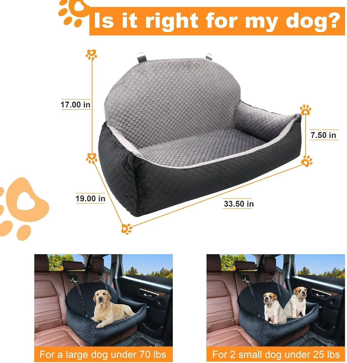 Large Dog Car Seat,Dog Car Bed for Large & Medium & 2 Small Dogs,Pet Booster Seats for Travel SafetySoft Fabric and Non-Slip Base,Can Be Disassembled and Easy to Clean(Black)