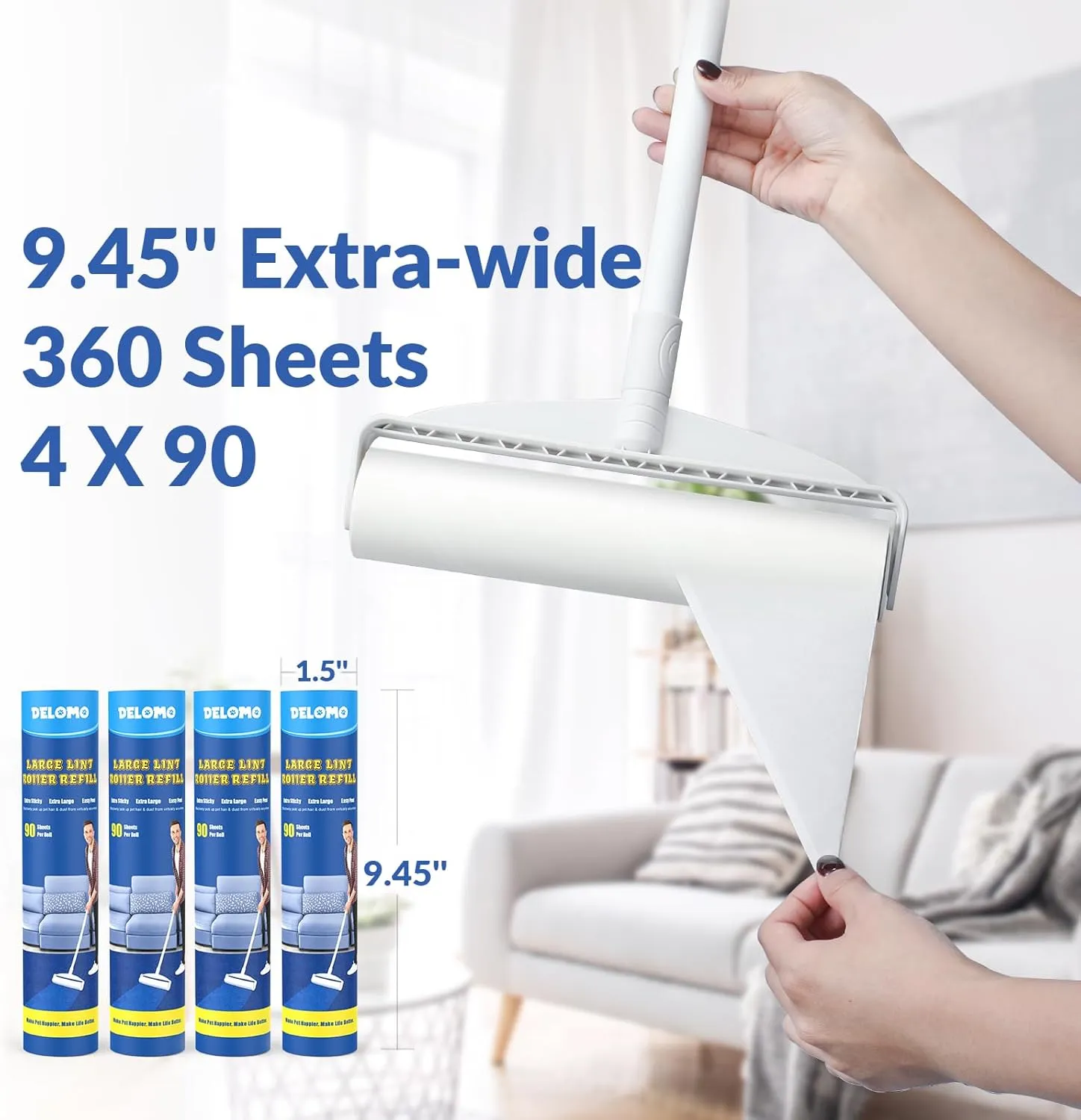 Large Lint Rollers for Carpet, Sticky Rollers for Floor DELOMO 9.45 in with 3 Extendable Handle, Long Handle Sticky Mop for Cleaning Carpets, Cars, Clothing, and Pet Hair