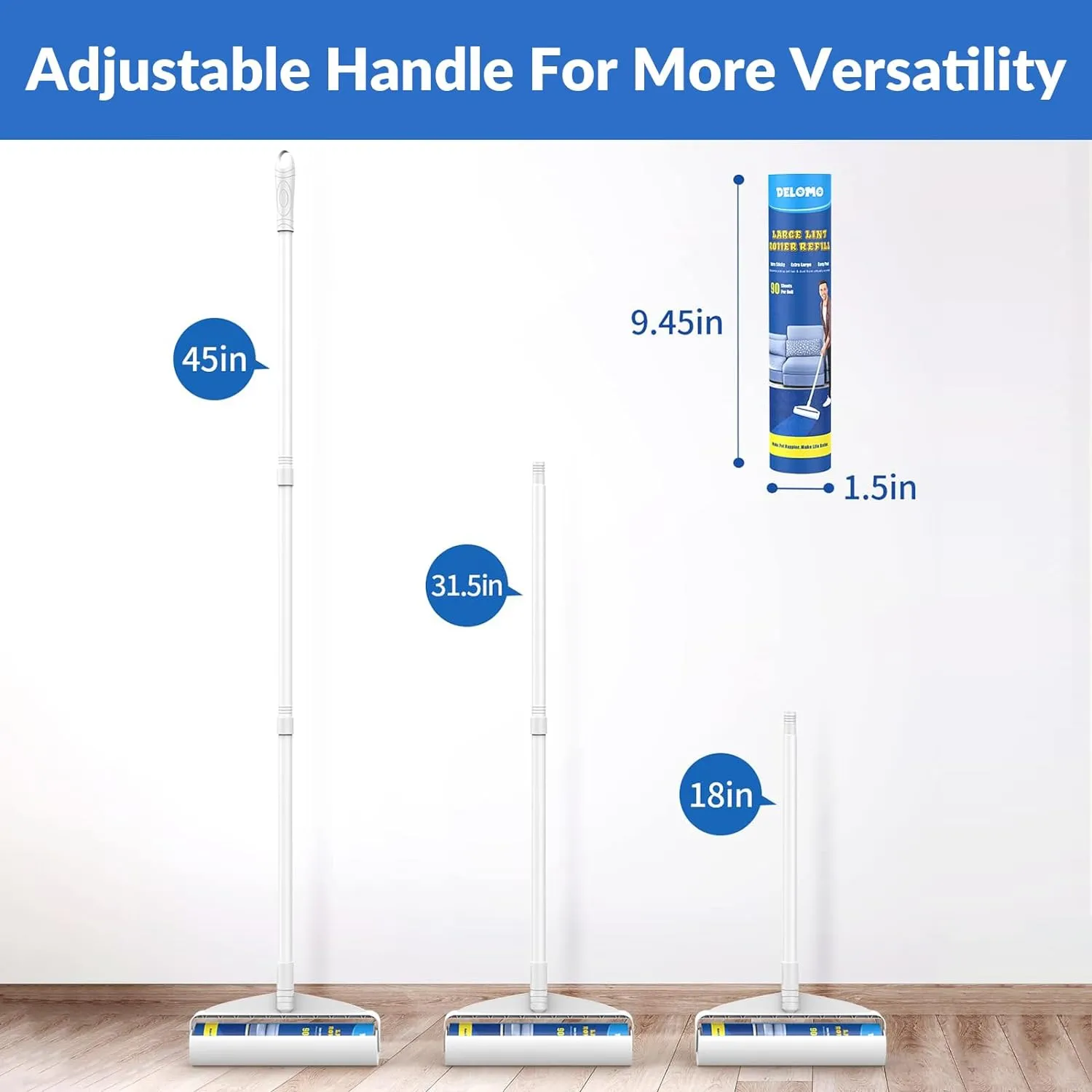 Large Lint Rollers for Carpet, Sticky Rollers for Floor DELOMO 9.45 in with 3 Extendable Handle, Long Handle Sticky Mop for Cleaning Carpets, Cars, Clothing, and Pet Hair