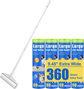 Large Lint Rollers for Floor Carpet, Sticky Floor Roller with 3 Extendable Long Handle for Pet Hair Removal, 9.45" Giant Lint Roller with 360 Sheets for Carpets, Beds, Cars, Clothing