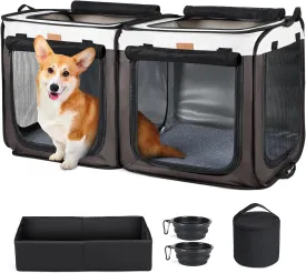 Lekebobor Soft-Sided Dog Crate - 2-in-1 Portable Travel Dog Crate for Medium-Sized Dogs Indoor & Outdoor, 7-Door Foldable Pet Kennel with Durable Mesh Windows,Brown