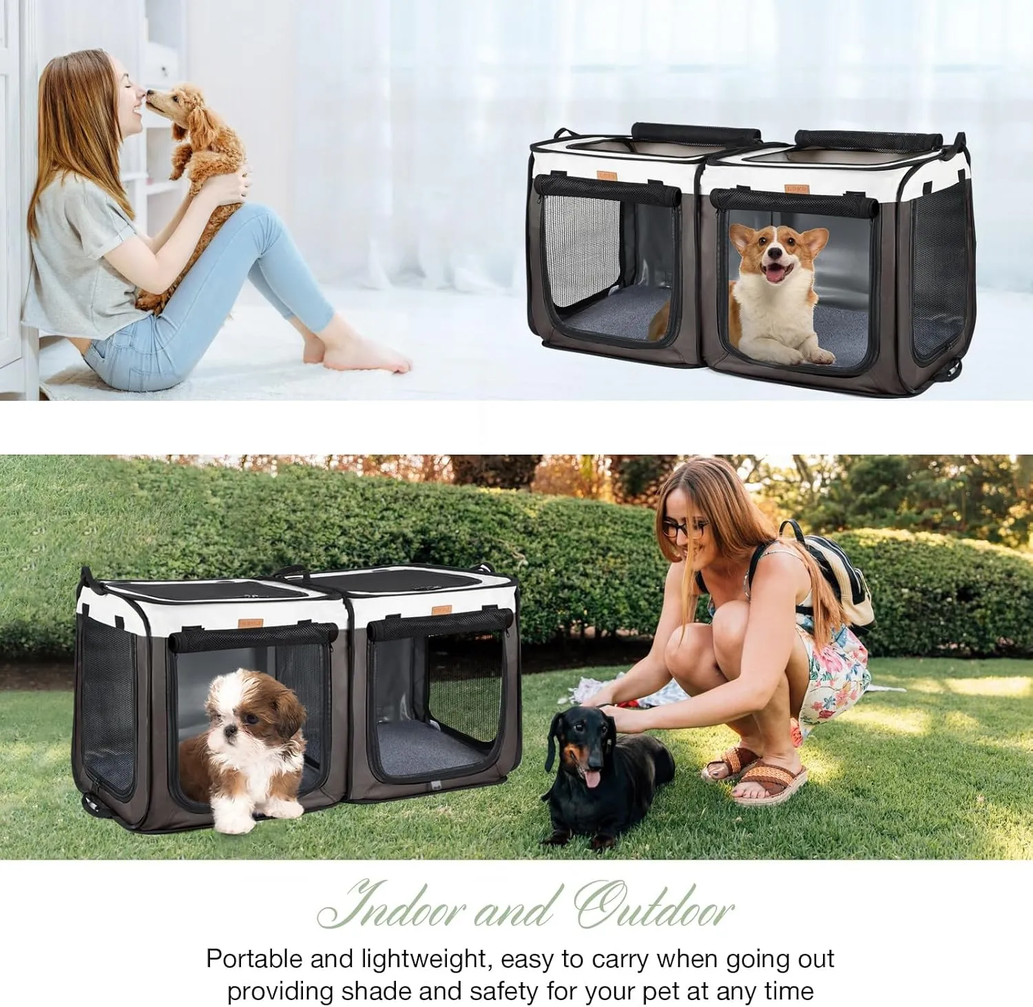 Lekebobor Soft-Sided Dog Crate - 2-in-1 Portable Travel Dog Crate for Medium-Sized Dogs Indoor & Outdoor, 7-Door Foldable Pet Kennel with Durable Mesh Windows,Brown