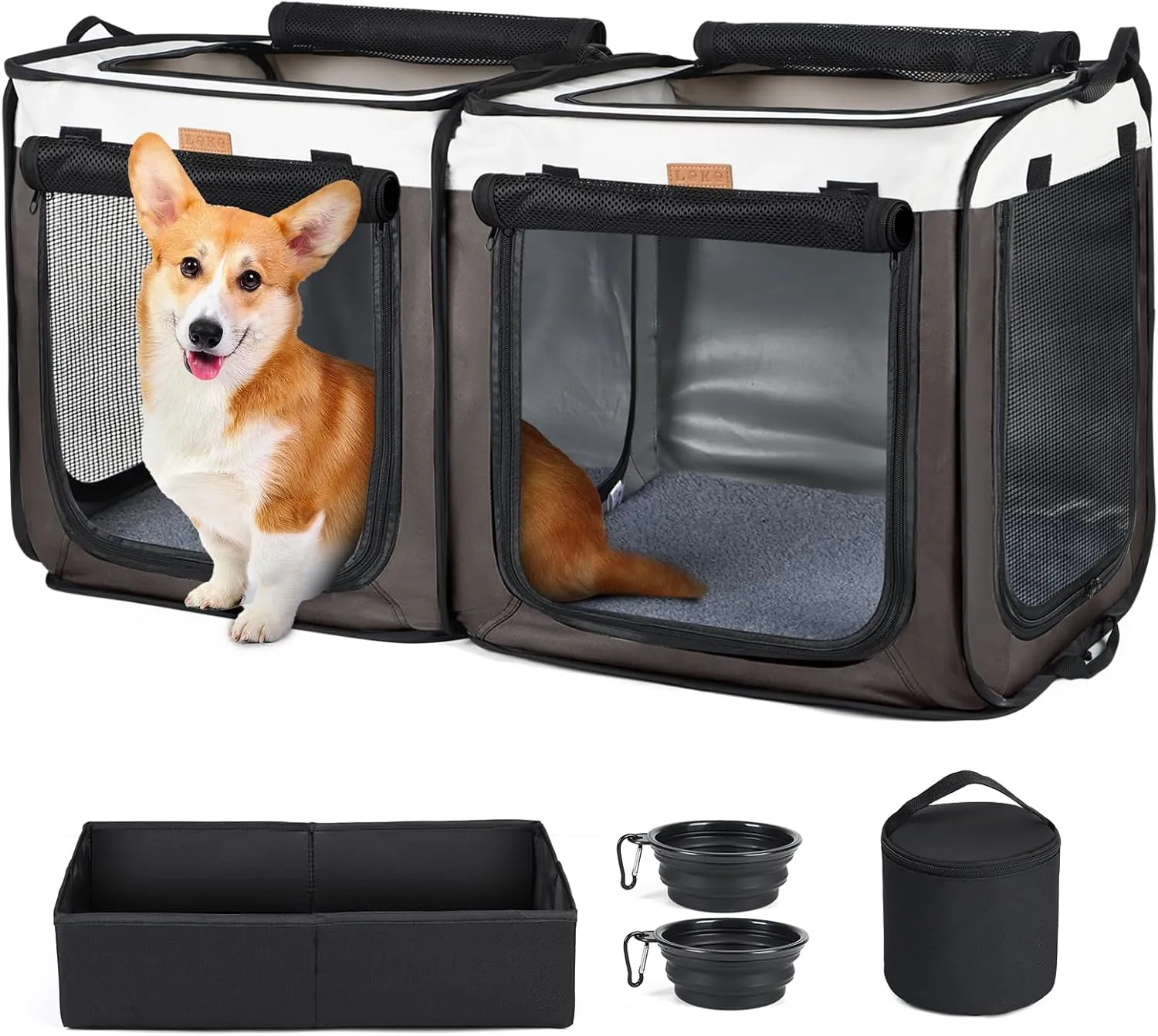 Lekebobor Soft-Sided Dog Crate - 2-in-1 Portable Travel Dog Crate for Medium-Sized Dogs Indoor & Outdoor, 7-Door Foldable Pet Kennel with Durable Mesh Windows,Brown