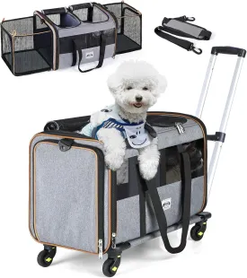 Lekereise Expandable Double Pet Carrier with Wheels - Large Rolling Carrier for 1 Large Cat/Dog or 2 Medium Cats, Telescopic Handle