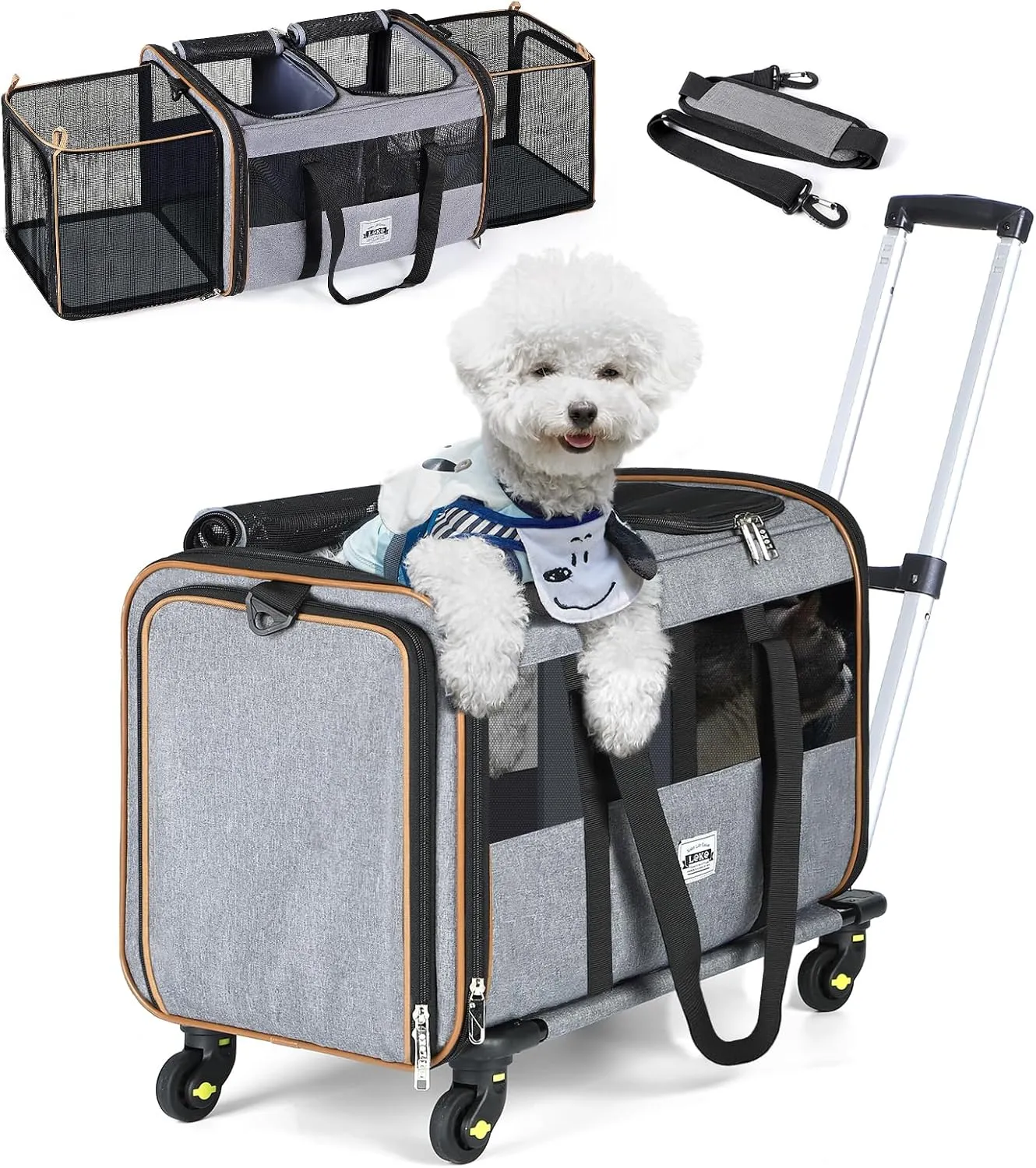 Lekereise Expandable Double Pet Carrier with Wheels - Large Rolling Carrier for 1 Large Cat/Dog or 2 Medium Cats, Telescopic Handle