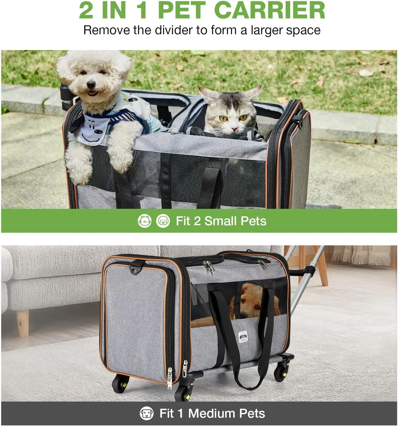 Lekereise Expandable Double Pet Carrier with Wheels - Large Rolling Carrier for 1 Large Cat/Dog or 2 Medium Cats, Telescopic Handle
