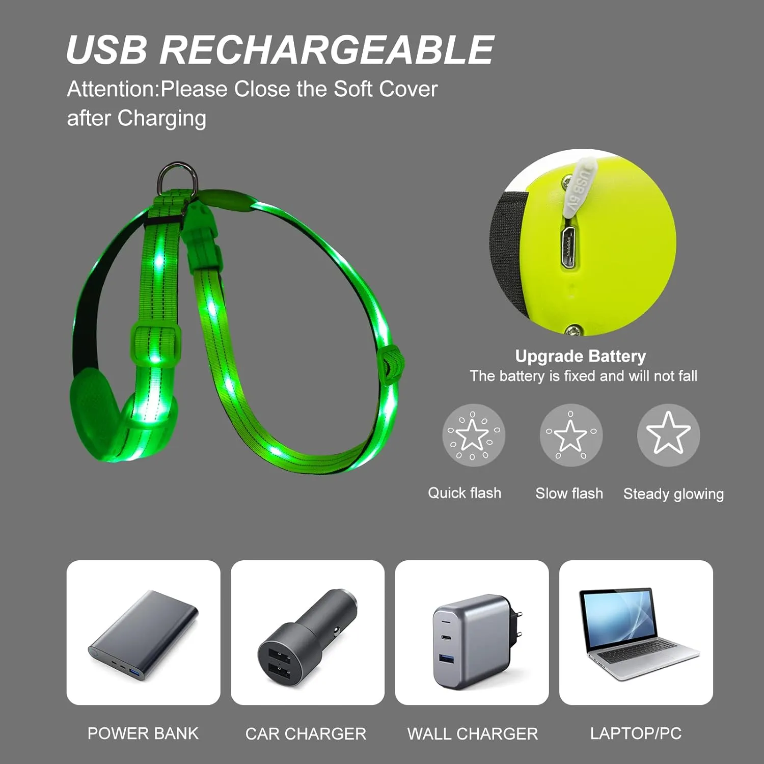 Light Up Dog Vest Harness Rechargeable, Adjustable & Reflective LED Lighted Dog Harness, Glow Dark Dog Light Harness for Night Safety Walking, Large Green