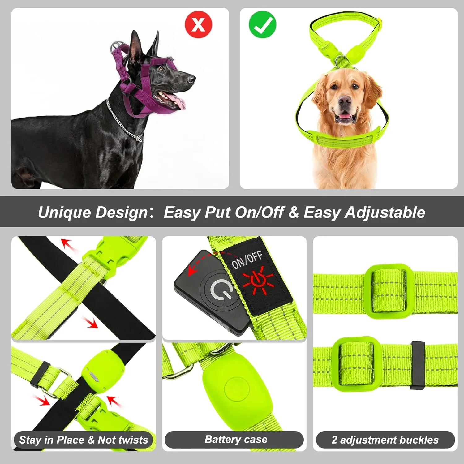 Light Up Dog Vest Harness Rechargeable, Adjustable & Reflective LED Lighted Dog Harness, Glow Dark Dog Light Harness for Night Safety Walking, Large Green
