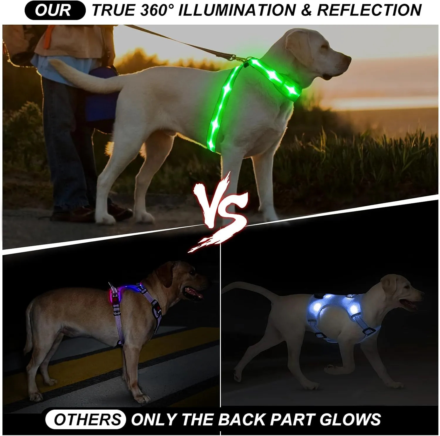 Light Up Dog Vest Harness Rechargeable, Adjustable & Reflective LED Lighted Dog Harness, Glow Dark Dog Light Harness for Night Safety Walking, Large Green