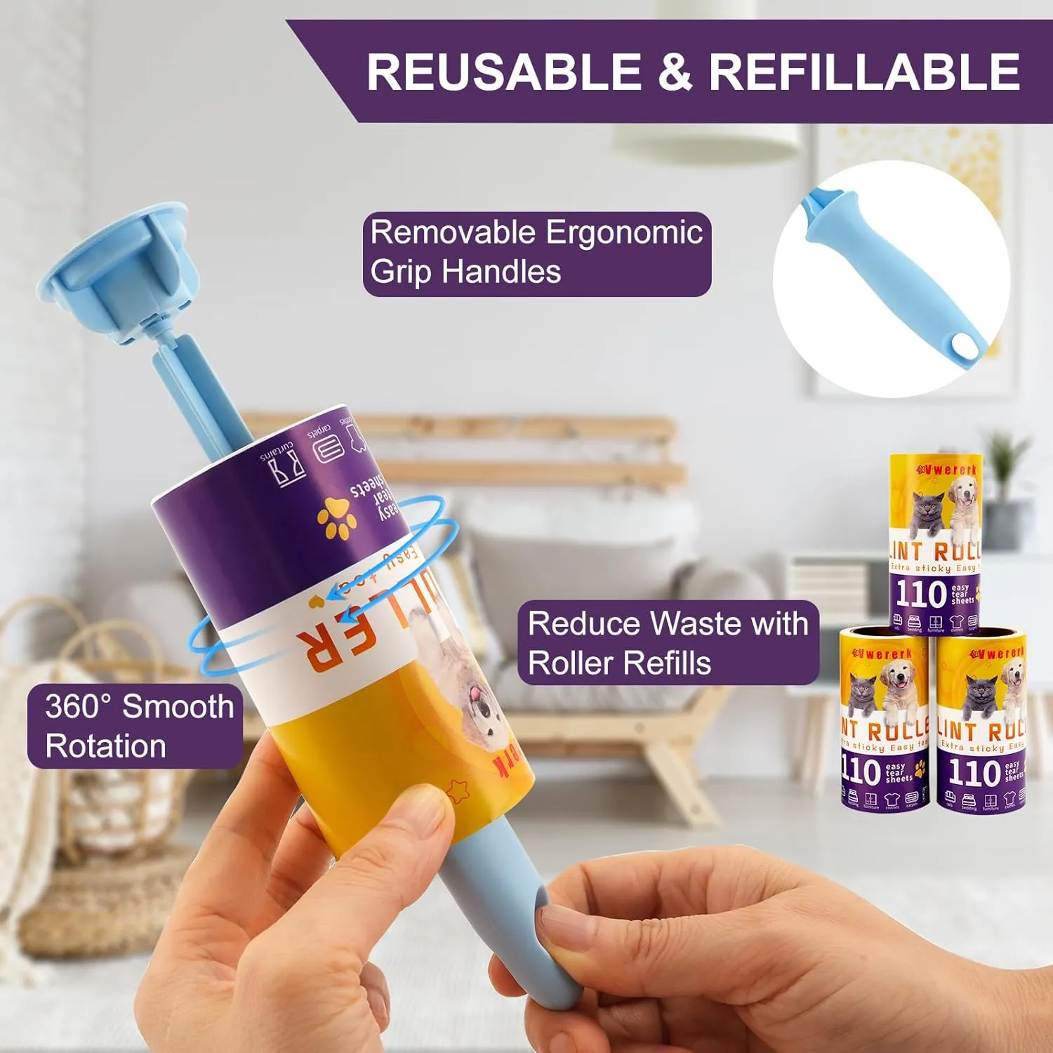 Lint Rollers for Pet Hair Extra Sticky, 660 Sheets Value Set/6 Lint Roller Refills with 3 Durable Handles, Pet Hair Roller for Clothes, Furniture, Carpet