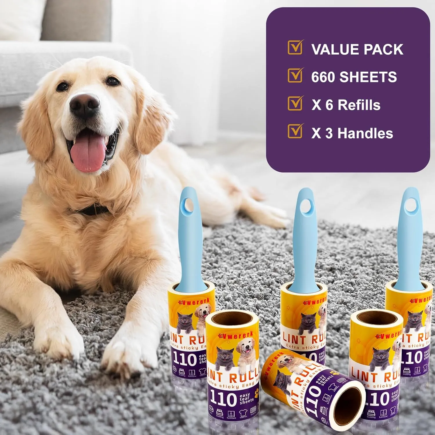 Lint Rollers for Pet Hair Extra Sticky, 660 Sheets Value Set/6 Lint Roller Refills with 3 Durable Handles, Pet Hair Roller for Clothes, Furniture, Carpet