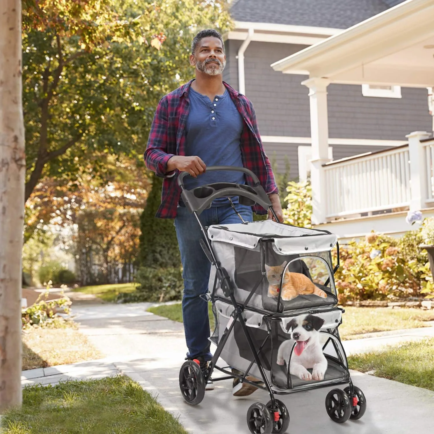 LUCKYERMORE Double Pet Stroller for Cats & Dogs, 4-Wheel Foldable with Cup Holders, Mesh Window & Soft Pad, Gray