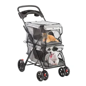 LUCKYERMORE Double Pet Stroller for Cats & Dogs, 4-Wheel Foldable with Cup Holders, Mesh Window & Soft Pad, Gray