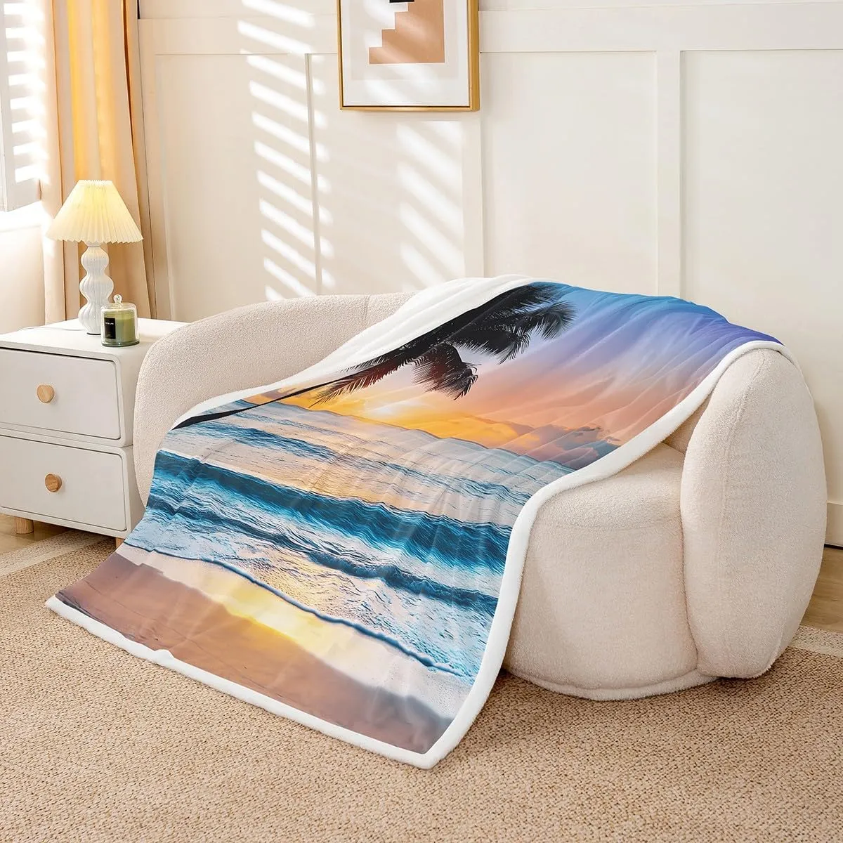 Ocean Wave Fleece Throw Blanket for Bed Sofa Couch Summer Sea Beach Sherpa Blanket Hawaiian Tropical Palm Tree Printed Soft Women Men Plush Fuzzy Air Conditioner50 x60