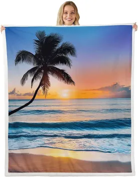 Ocean Wave Fleece Throw Blanket for Bed Sofa Couch Summer Sea Beach Sherpa Blanket Hawaiian Tropical Palm Tree Printed Soft Women Men Plush Fuzzy Air Conditioner50 x60