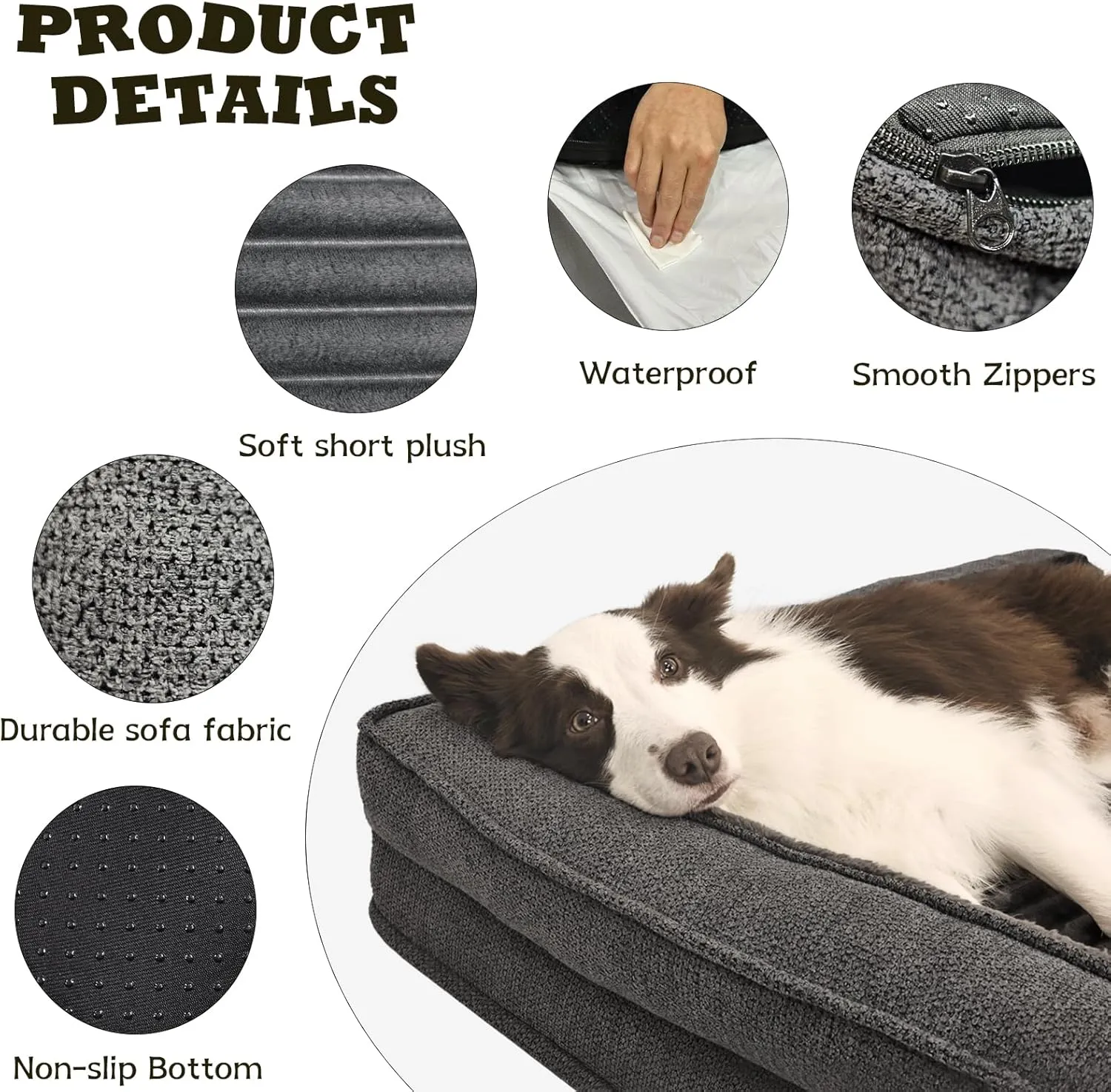 Orthopedic Dog Beds for Large, Medium Dogs, Waterproof Egg Foam Dog Sofa Bed with L Bolster Sides, Washable Large Pet Bed with Removable Cover & Non-Slip Bottom, 36 x 23 inch, Gray