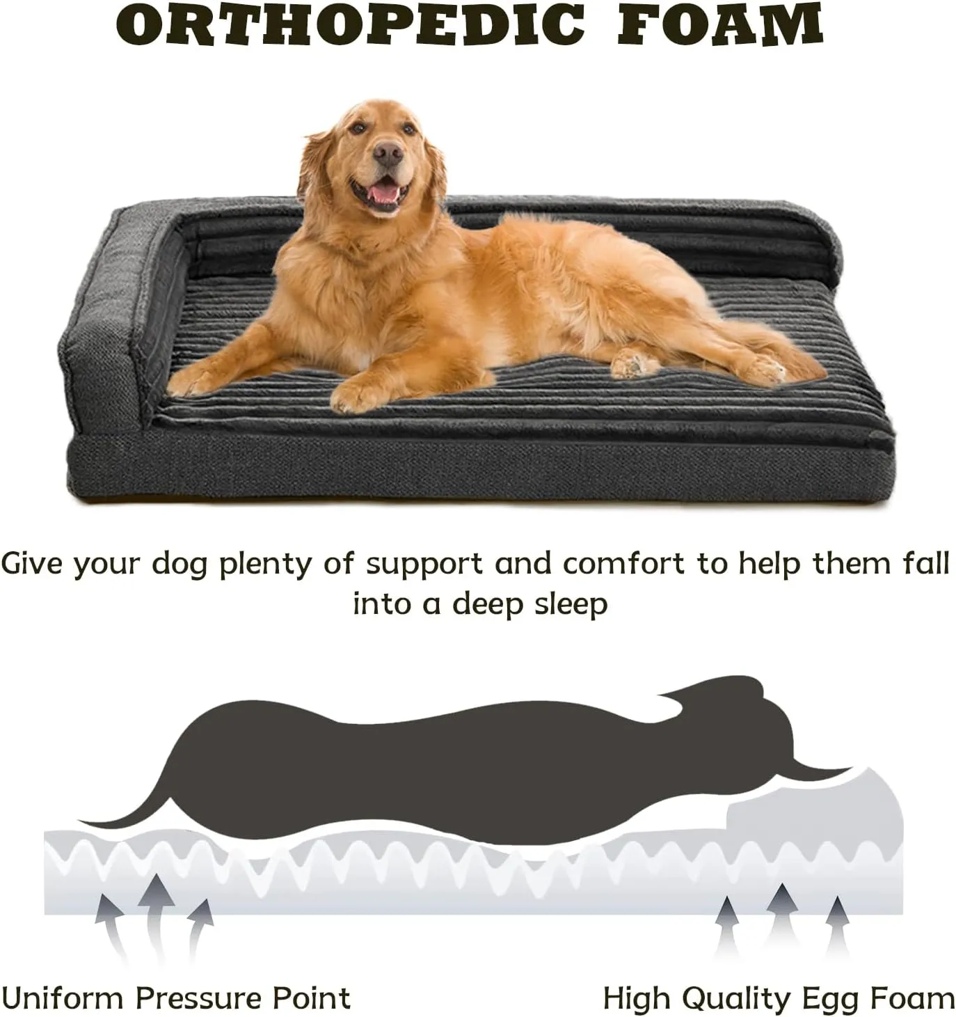 Orthopedic Dog Beds for Large, Medium Dogs, Waterproof Egg Foam Dog Sofa Bed with L Bolster Sides, Washable Large Pet Bed with Removable Cover & Non-Slip Bottom, 36 x 23 inch, Gray