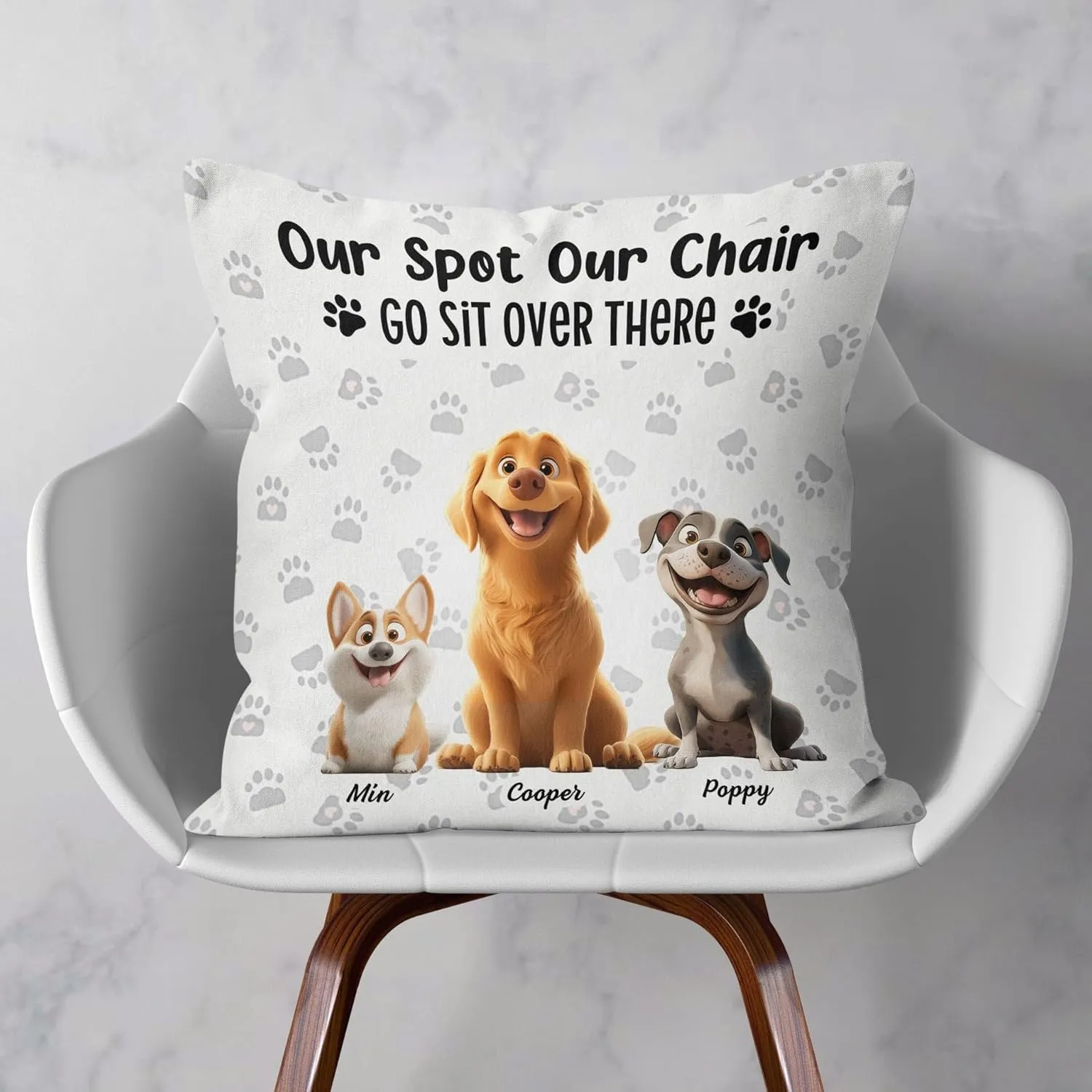 Our Spot Our Chair Go Sit Over There Customized Pillow Gift Ideas for Dog Mom Dog Dad for Dog Owner on Father's Day Mother's Day Birthday Funny Dog Paw Prints Bedding Pillow Decor Gifts for Pet Owner