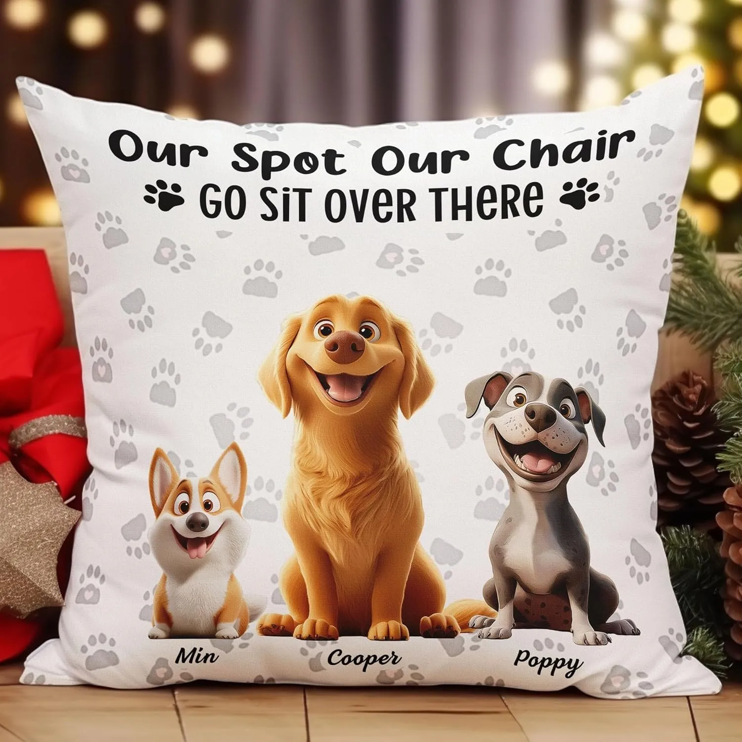 Our Spot Our Chair Go Sit Over There Customized Pillow Gift Ideas for Dog Mom Dog Dad for Dog Owner on Father's Day Mother's Day Birthday Funny Dog Paw Prints Bedding Pillow Decor Gifts for Pet Owner
