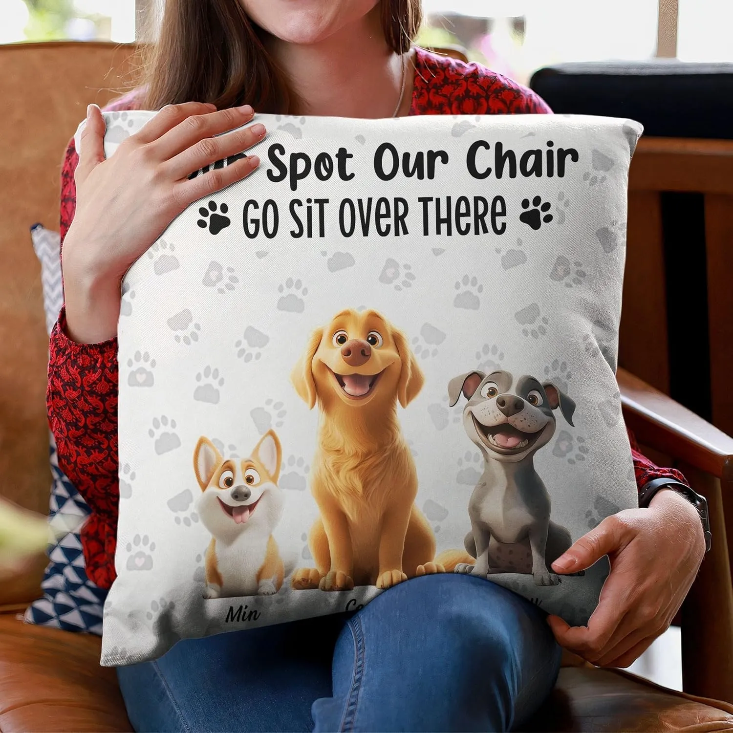 Our Spot Our Chair Go Sit Over There Customized Pillow Gift Ideas for Dog Mom Dog Dad for Dog Owner on Father's Day Mother's Day Birthday Funny Dog Paw Prints Bedding Pillow Decor Gifts for Pet Owner