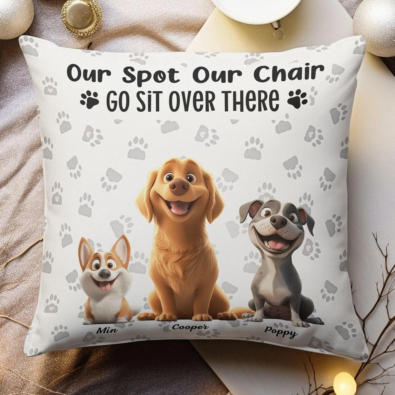 Our Spot Our Chair Go Sit Over There Customized Pillow Gift Ideas for Dog Mom Dog Dad for Dog Owner on Father's Day Mother's Day Birthday Funny Dog Paw Prints Bedding Pillow Decor Gifts for Pet Owner