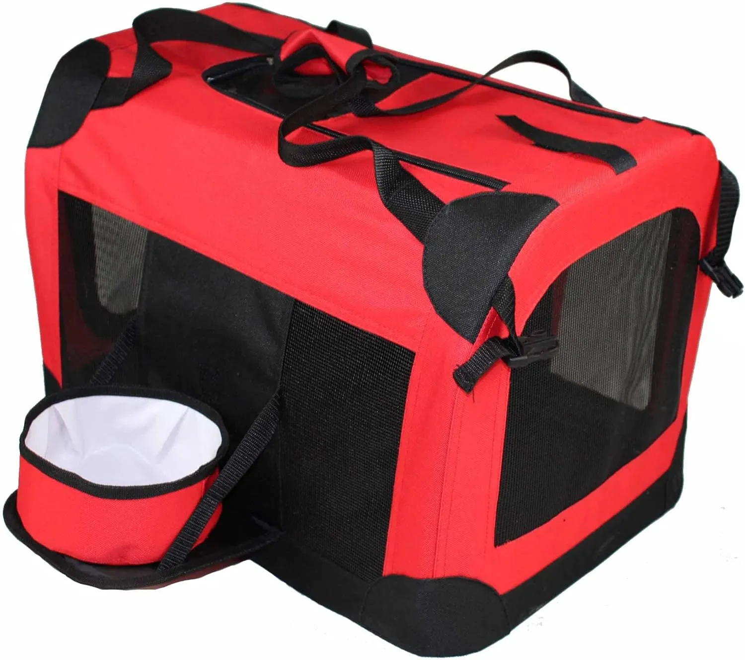 PET LIFE 'Deluxe 360 Vista View' Zippered Soft Folding Collapsible Metal Framed Pet Dog Crate House Carrier w/ Removable Bowl and Pop-out Tray, X-Large, Red