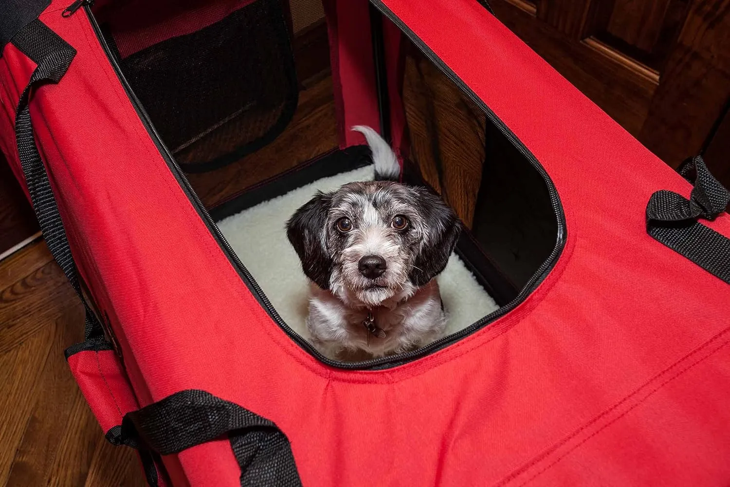PET LIFE 'Deluxe 360 Vista View' Zippered Soft Folding Collapsible Metal Framed Pet Dog Crate House Carrier w/ Removable Bowl and Pop-out Tray, X-Large, Red