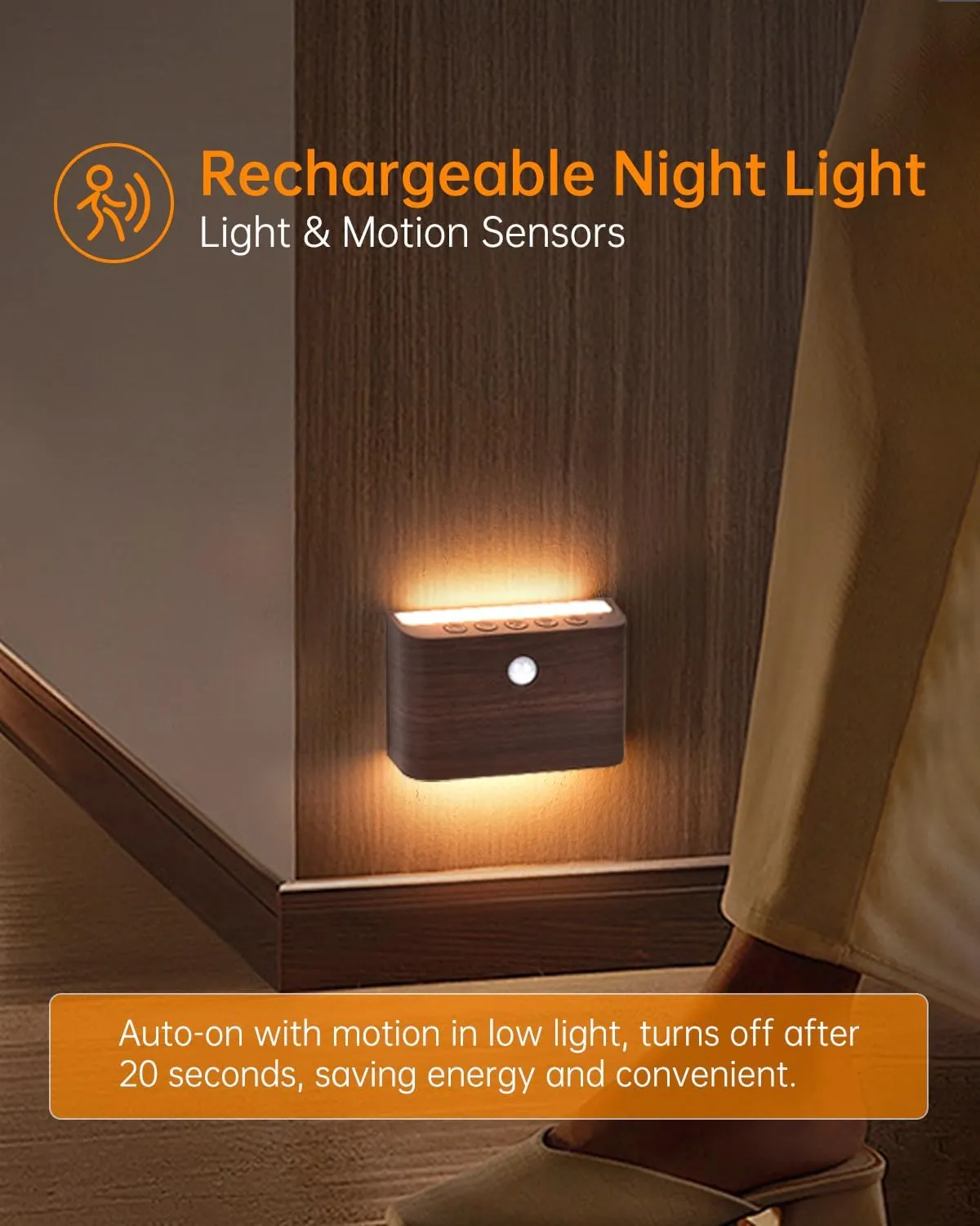 Rechargeable Motion Sensor Night Light, Magnetic Stick-On LED, Cordless, Auto On/Off, Warm Light, Perfect for Hallway, Closet, Bathroom, Stairway, Kitchen (Wood Grain, 1)