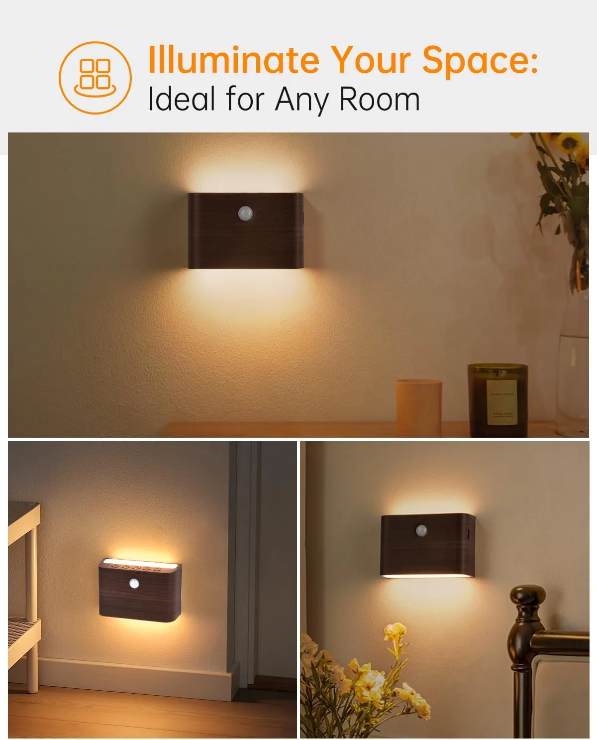 Rechargeable Motion Sensor Night Light, Magnetic Stick-On LED, Cordless, Auto On/Off, Warm Light, Perfect for Hallway, Closet, Bathroom, Stairway, Kitchen (Wood Grain, 1)