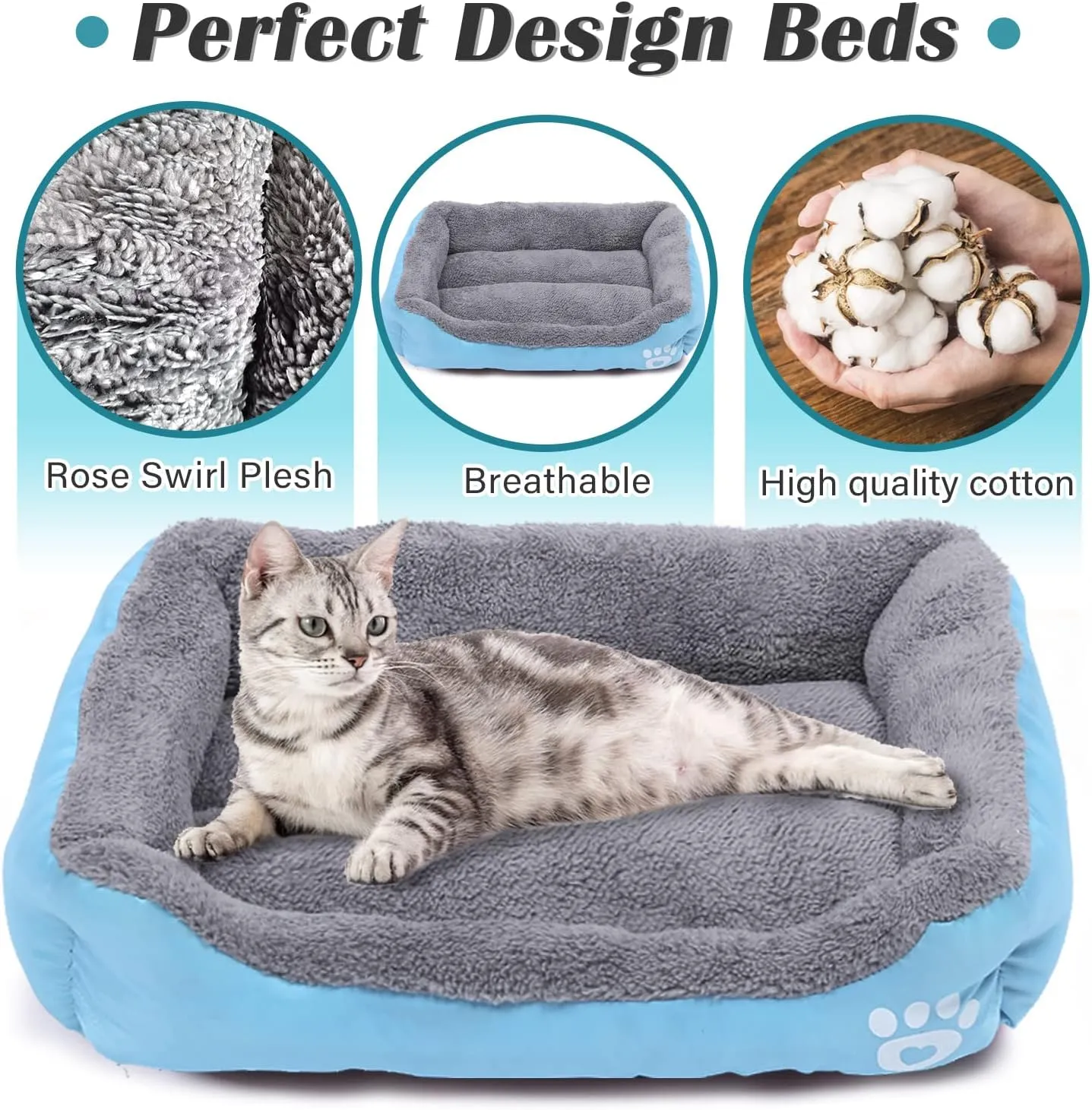 Resulzon Square Dog Cat Beds Mattress Washable Pads Room, Soft Plush Faux Fur Sleeping Pet Fleece Bed Mat for Small Medium Doggy Kitten Puppy, with Anti-Slip Waterproof Bottom (Blue)