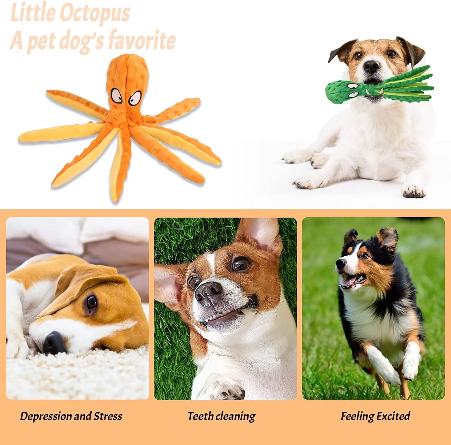Squeaky Dog Toys, Crinkle Interactive Plush Chew Dog Toy Octopus for Hide and Seek and Puppy Teething, Perfect for Puppies, Small and Medium Dogs, 2 Pack (Orange Green)