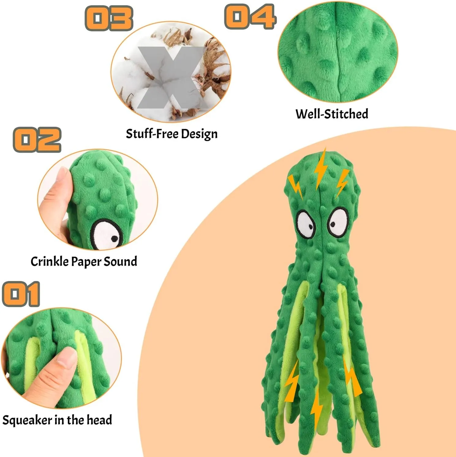 Squeaky Dog Toys, Crinkle Interactive Plush Chew Dog Toy Octopus for Hide and Seek and Puppy Teething, Perfect for Puppies, Small and Medium Dogs, 2 Pack (Orange Green)