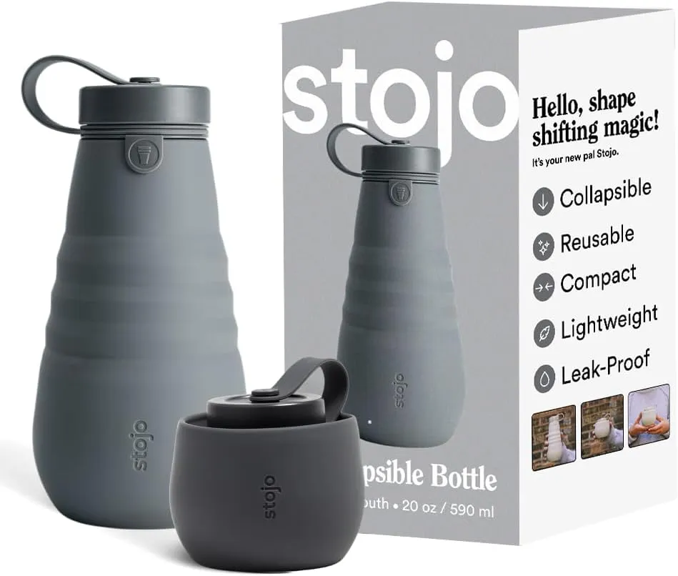 STOJO Collapsible Water Bottle  Carbon Gray, 20oz / 592ml - Leak-Proof Reusable Silicone Travel Cup for Hot & Cold Drinks - Microwave & Dishwasher Safe