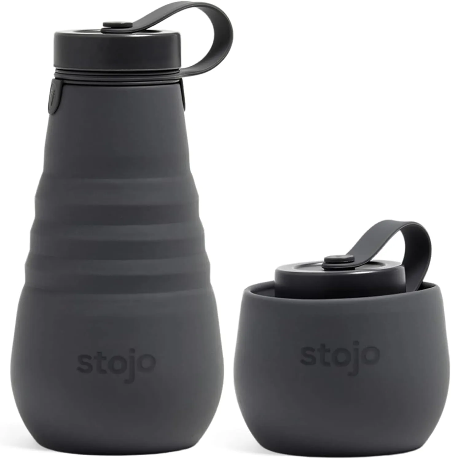 STOJO Collapsible Water Bottle  Carbon Gray, 20oz / 592ml - Leak-Proof Reusable Silicone Travel Cup for Hot & Cold Drinks - Microwave & Dishwasher Safe