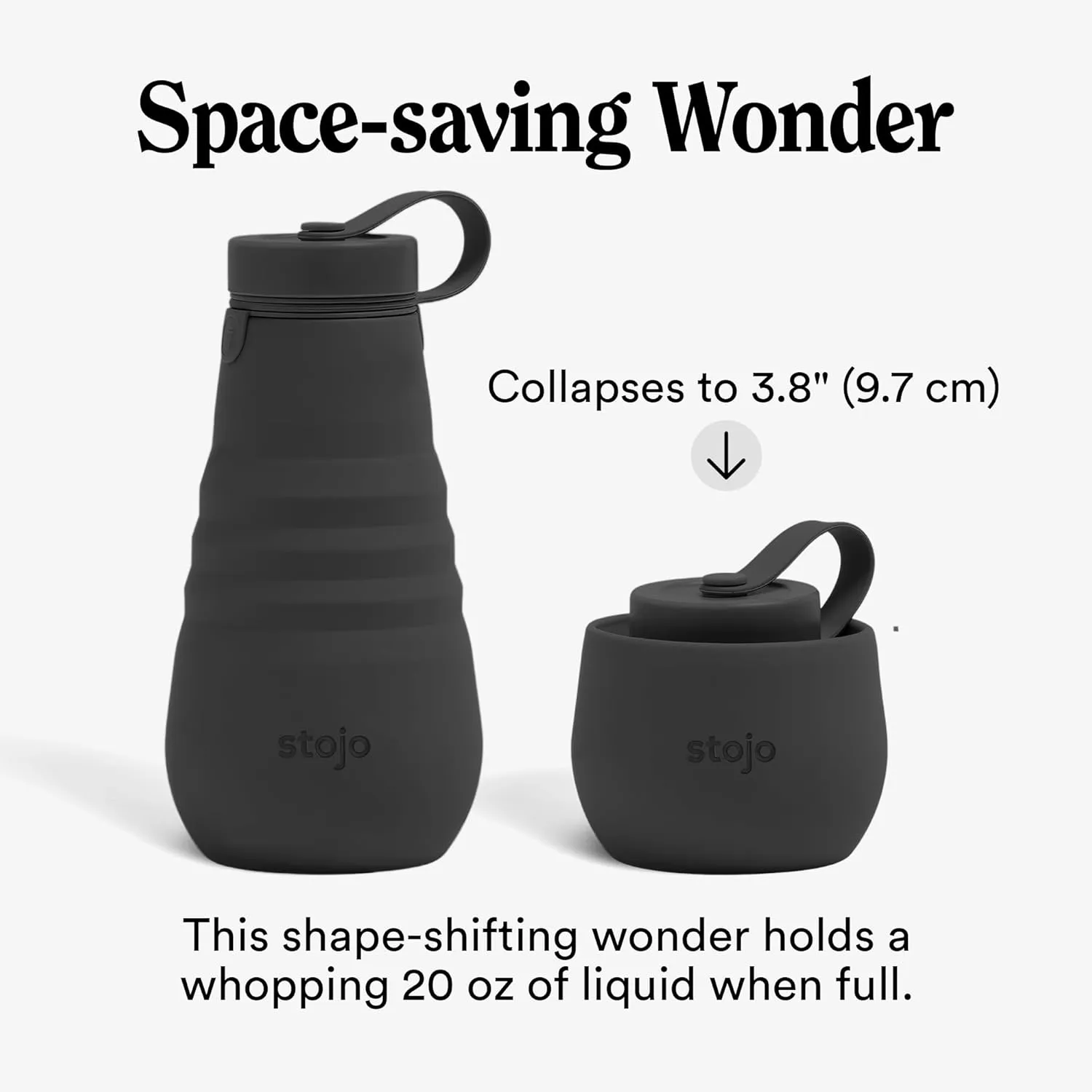 STOJO Collapsible Water Bottle  Carbon Gray, 20oz / 592ml - Leak-Proof Reusable Silicone Travel Cup for Hot & Cold Drinks - Microwave & Dishwasher Safe