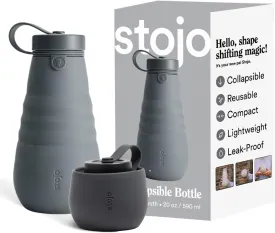 STOJO Collapsible Water Bottle  Carbon Gray, 20oz / 592ml - Leak-Proof Reusable Silicone Travel Cup for Hot & Cold Drinks - Microwave & Dishwasher Safe